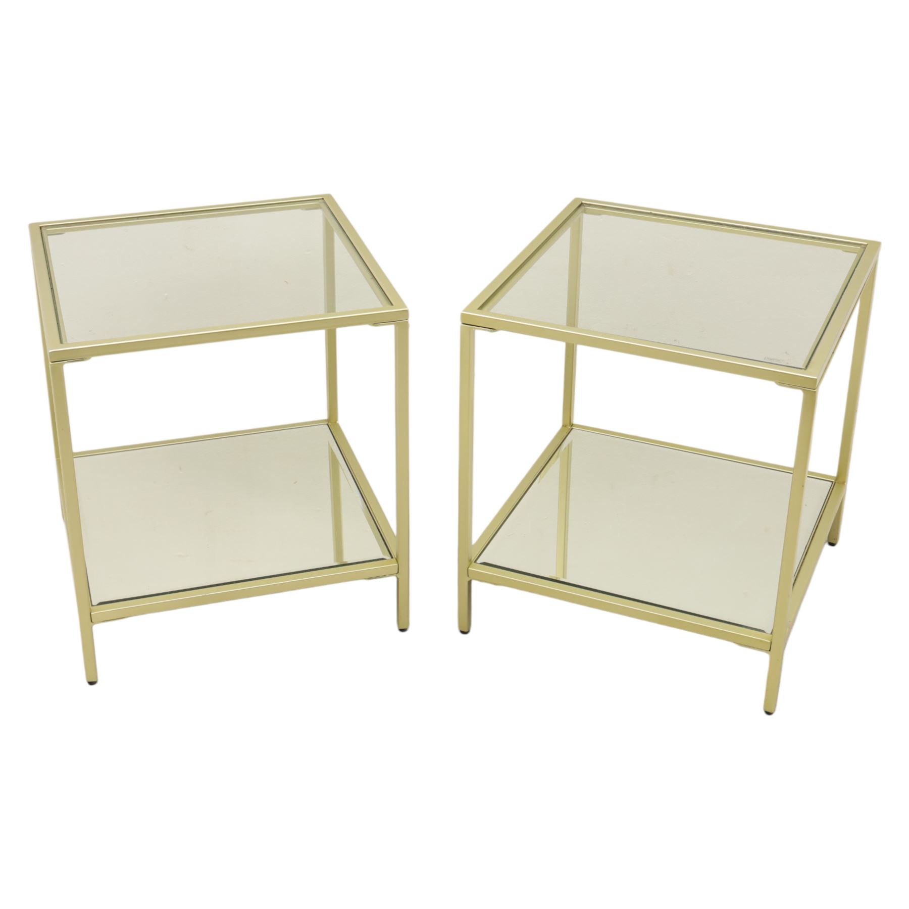 Modern pair of brass finish and glass bedside stands, each of square form with clear glass top, glazed sides and mirrored under tier, enclosed by a square section brass finish metal frame, raised on short square supports