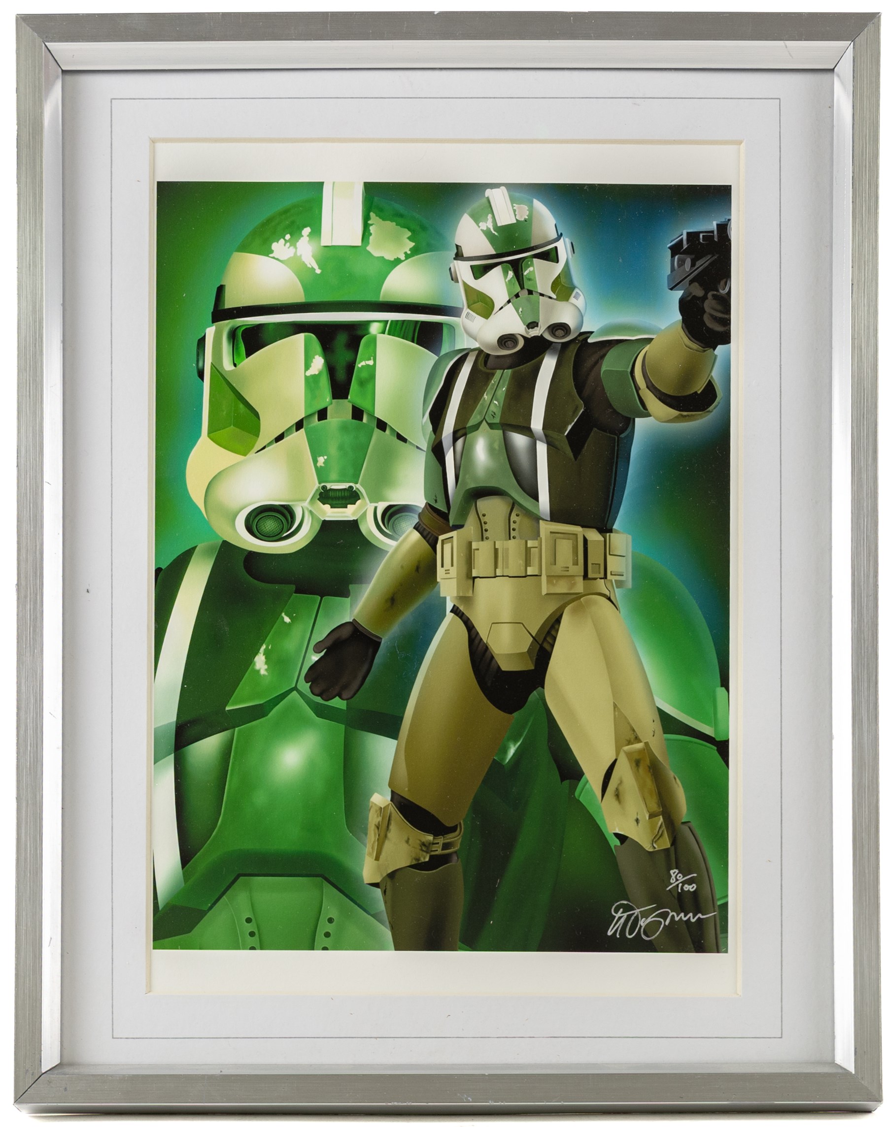 Five framed Cards Inc Star Wars Revenge of the Sith prints, comprising Mace Windu, Yoda, C-3PO, Darth Vader and R2-D2, the R2-D2 example signed by actor Kenny Baker, together with a collection of six smaller limited edition Star Wars art prints, largest H39cm (11)