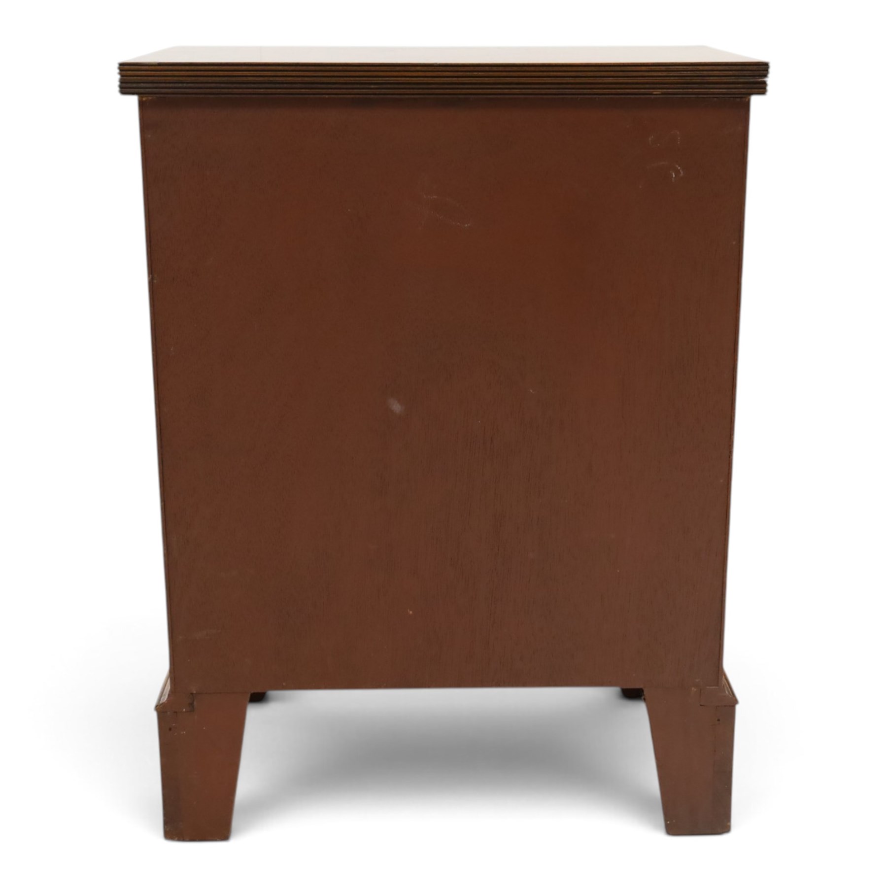 Reprodux - Georgian design figured and burr walnut bachelors chest, rectangular hinged-fold over top with reeded edge supported by stays, over four long graduating cock-beaded drawers, lower moulded edge on bracket feet