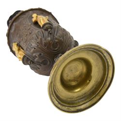 Pair of bronzed and gilt ewers in the Neo-Classical taste, each of typical form with figural detailed and mounted scroll handle surmounted by a winged figure, the bodies cast with scrolling strapwork, flower heads and acanthus leaves, and further detailed with applied gilt classical figures to oval recesses, upon a knopped stem and spreading circular foot with conforming cast detail, H28cm