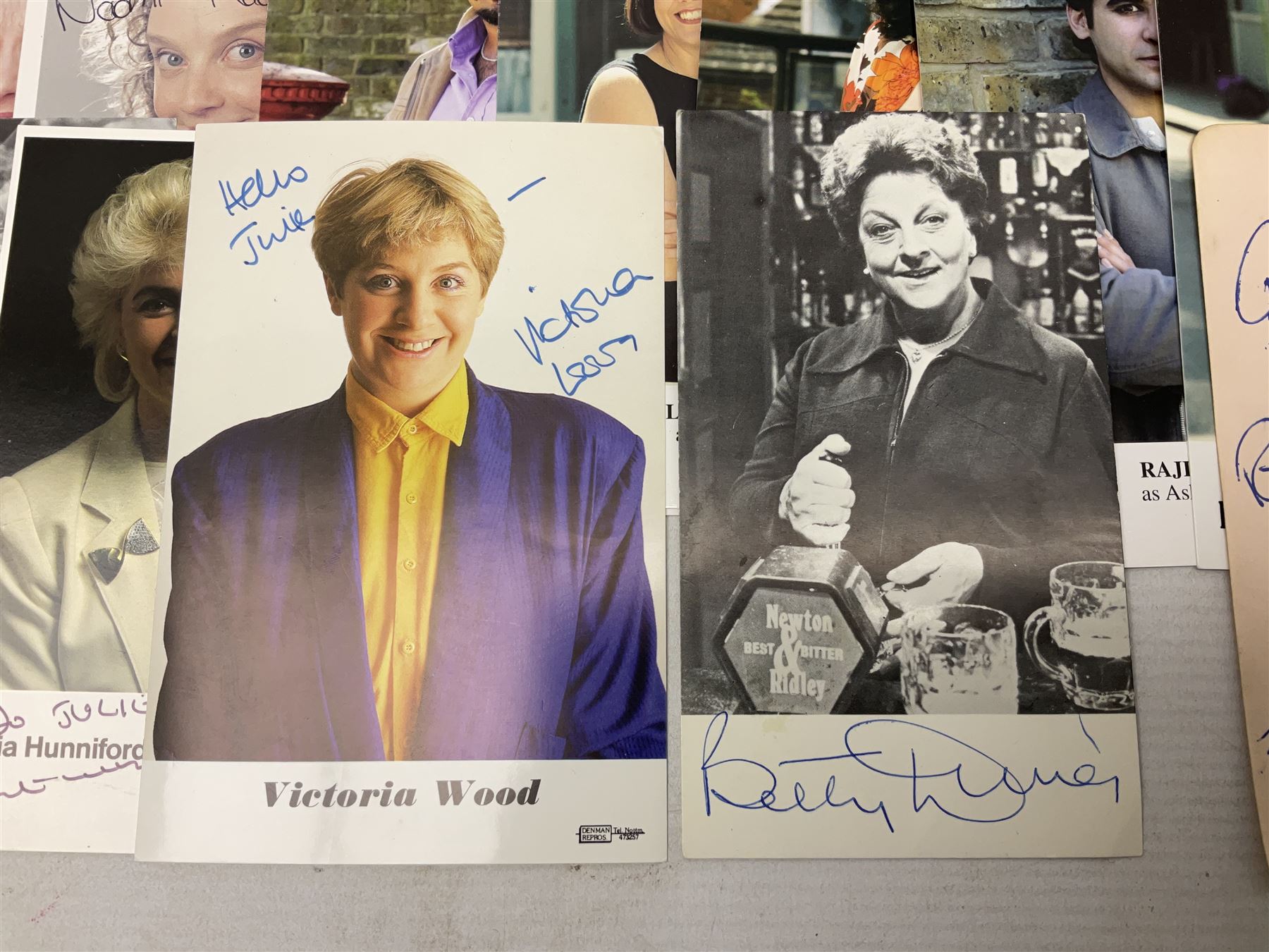 1949 England cricket team signatures including Hutton, Compton, Edrich, Laker etc on loose album page; and large quantity of other autographs of predominantly TV Soap Opera stars from Last of the Summer Wine, Eastenders, Emmerdale, Coronation Street, Heartbeat etc and other TV/Film personalities; on promotional photographs and clipped fragments of paper etc