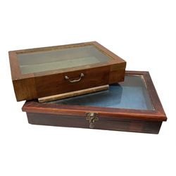 Mahogany glazed table top display case with twin handles, hinged lid and screw thread closure, together with another similar, largest L51cm, H9.5cm D34cm