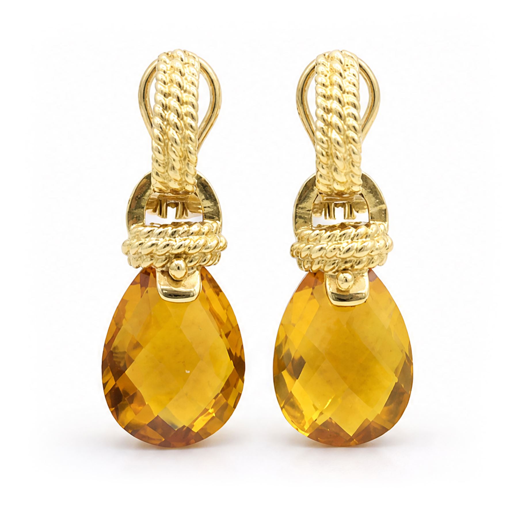 Pair of 18ct gold citrine pendant earrings, each stud with a rope twist half hoop, suspending a detachable briolette cut citrine, with twist mount, stamped 750