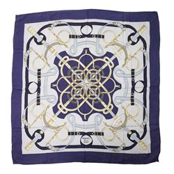 Hermès - ‘Éperon d’Or’ silk scarf, designed by Henri d’Origny, first issued 1974, navy, pale blue, ivory and gold colourway with hand-rolled edges