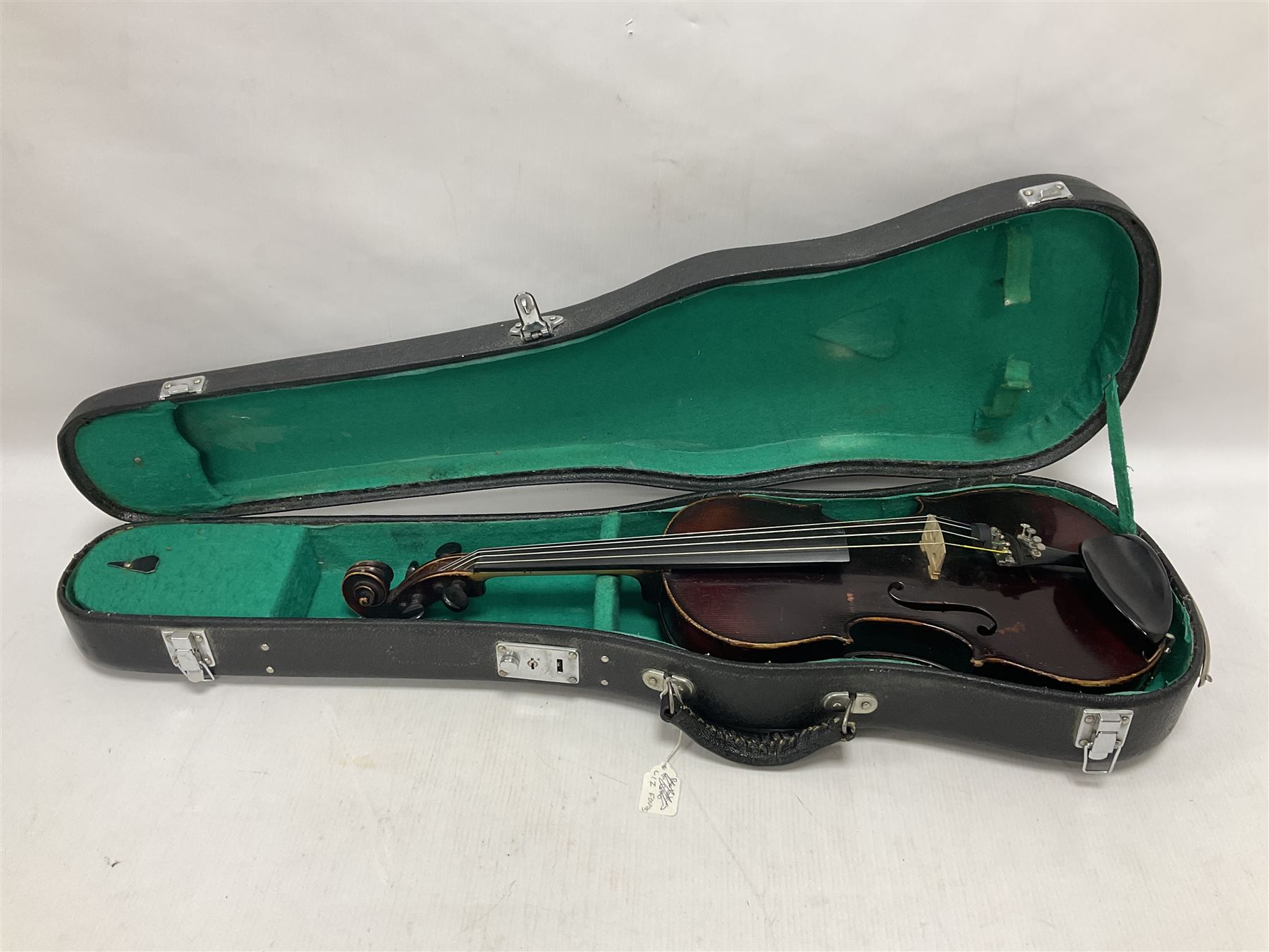 Neuner & Hornstiner early 20th century half size violin c1900, two piece maple back and ribs with a spruce top in a later ridged carrying case, no bow Length 57cm