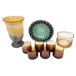 Set of six Wedgwood amber glasses, Scottish art glass bowl with merging striped blue, green and black decoration, art glass lamp, etc