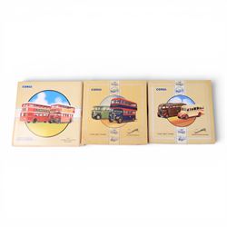 Thirteen Corgi Classic Commercials and Classic Public Transport diecast models, including four limited edition sets, comprising The Buses of Silver Service no. 97070, The Devon Bus Set no. 97071, Whittles no. 97069, The South Wales Set no. 97075, The East Lancashire set no. 97077, Devon General 75th Anniversary no. 97052, Burlingham Seagull no. 97174, The R.W Carney no. 97193, The Provincial Set no. 97072, Burlington Seagull Ribble no. 97173, Double Deck Tram Plymouth no. 97269, Burlingham Seagull AEC Regal no. 97053 and Guy Arab Birmingham no. 97201, all boxed
