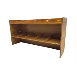 Two mid-20th century oak filing shelves, fitted with five divisions, stamped on the underneath