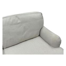 Contemporary sofa.com “Bluebell” two-and-a-half seat sofa, upholstered in pumice house basket weave linen cotton, featuring scroll arms, turned oak legs with bronze castors, and feather and fibre cushion interiors