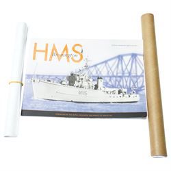 Scale built wooden model of the minesweeper HMS Bronington M1115 on wooden base, under the command of HRH Prince Charles in 1976 L104cm with booklet and drawings