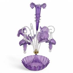 Victorian style English three basket amethyst glass epergne, H62cm