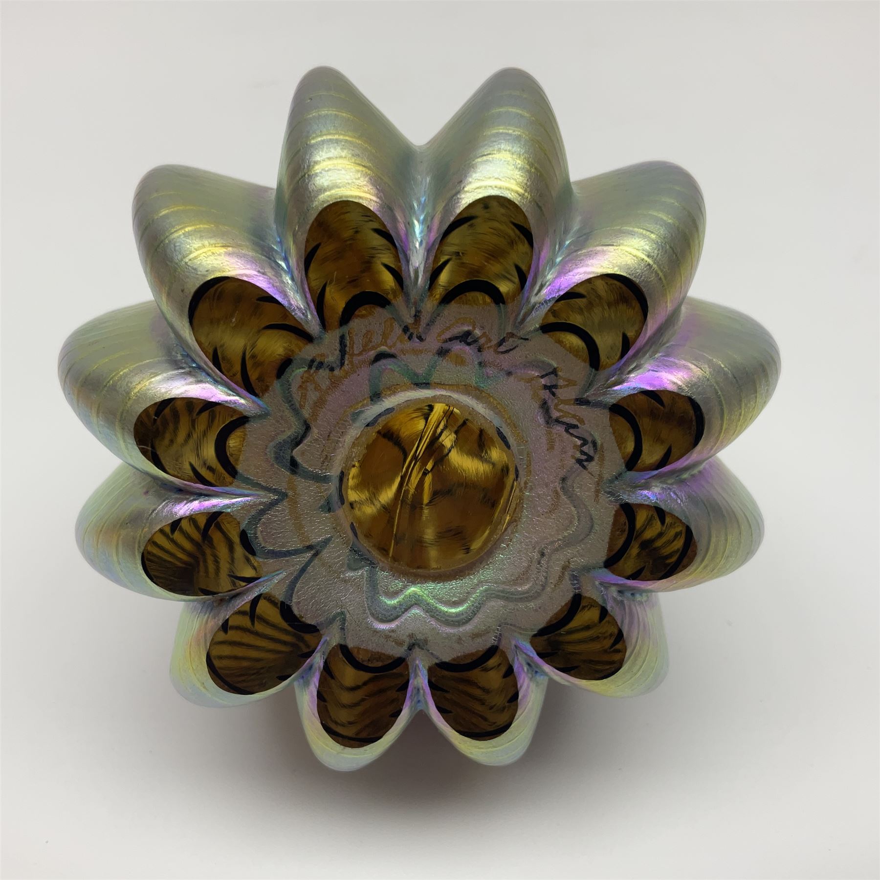 Robert Held iridescent art glass sea urchin paperweight, signed to underside, together with Murano glass clown and a collection of other glass paperweights and animals, etc 