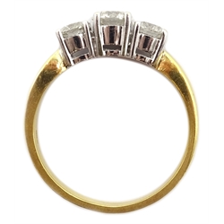  18ct gold three stone round brilliant cut diamond ring, stamped 750, with valuation certificate, central diamond approx 0.4 carat  