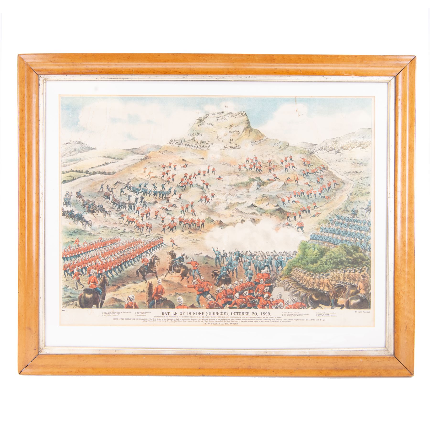 Late Victorian framed chromolithograph Battle of Dundee (Glencoe), October 20, 1899, H73cm 