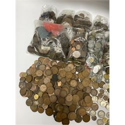 Great British pre-decimal coins including pennies, half pennies, brass threepence pieces etc and various World coins, mostly pre-Euro coinage