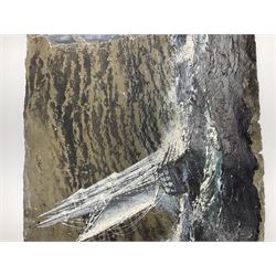 Michael J Whitehand (British 1941-): Three oil paintings of ships on slate signed, largest H40cm, L75cm