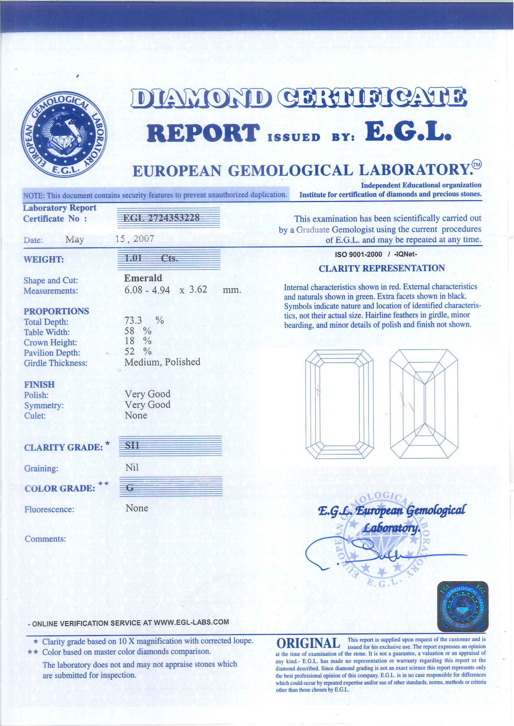 18ct white gold single stone emerald cut diamond ring, diamond 1.01 carat, with European Gemological Laboratory report