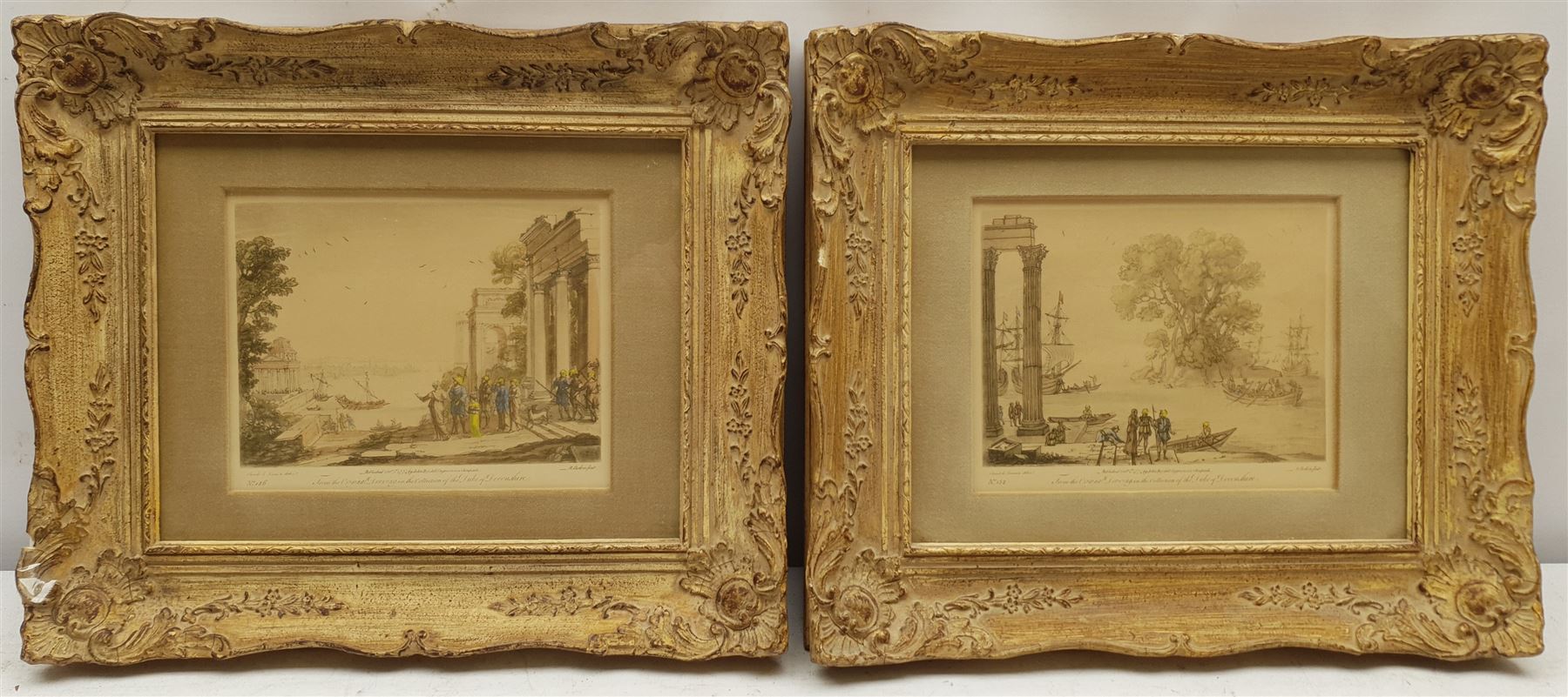 After Claude Lorrain (British 1600-1682): Classical Landscapes, 20th century prints; Japanese School (20th century): Pair woodblock prints; Chinese School (20th century): Seated Lady, painting on silk mounted onto paper, max 29cm x 40cm (5)