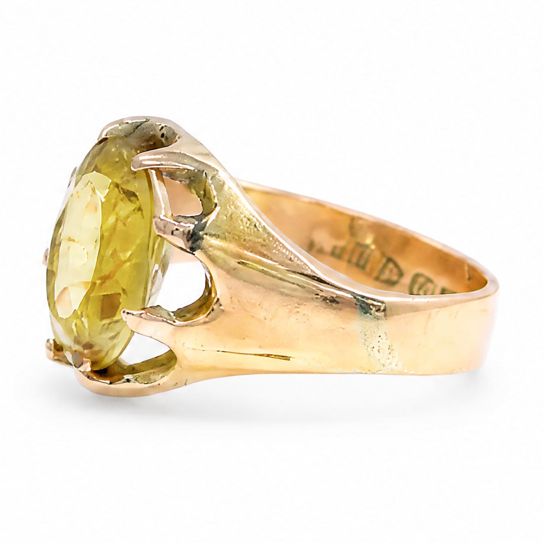 Victorian 15ct rose gold citrine ring, eight claw set with a single oval cut citrine, Chester 1897