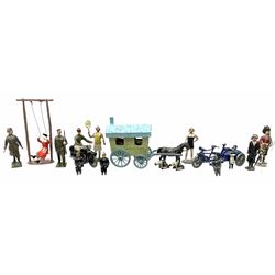 Selco Services gypsy caravan with horse, figure and steps; die-cast tandem combination; motorcycle with rider; die-cast girl-on-swing; and twelve various lead figures by Johilco etc