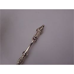 Victorian silver bowl, with embossed floral decoration and beaded rim, gilt interior and two applied shield cartouches, upon stepped circular foot, with a silver apostle spoon, with gilt bowl, both hallmarked George Unite, Birmingham 1883, bowl H5.5cm, within fitted tooled leather, silk lined case