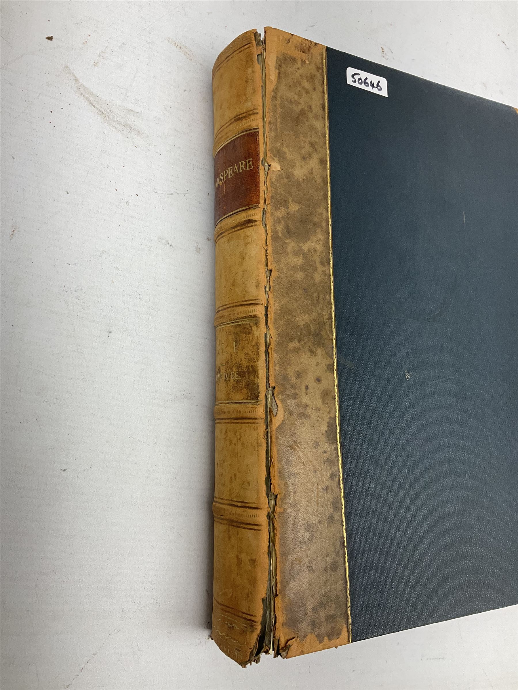 The Library Shakspeare Illustrated by Sir John Gilbert, George Cruikshank and R. Dudley with laid-in colour plates, three volumes, uniformly bound in half leather with a.e.g.