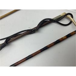 Collection of hunting crops and riding whips, including horn handle examples with silver cuffs