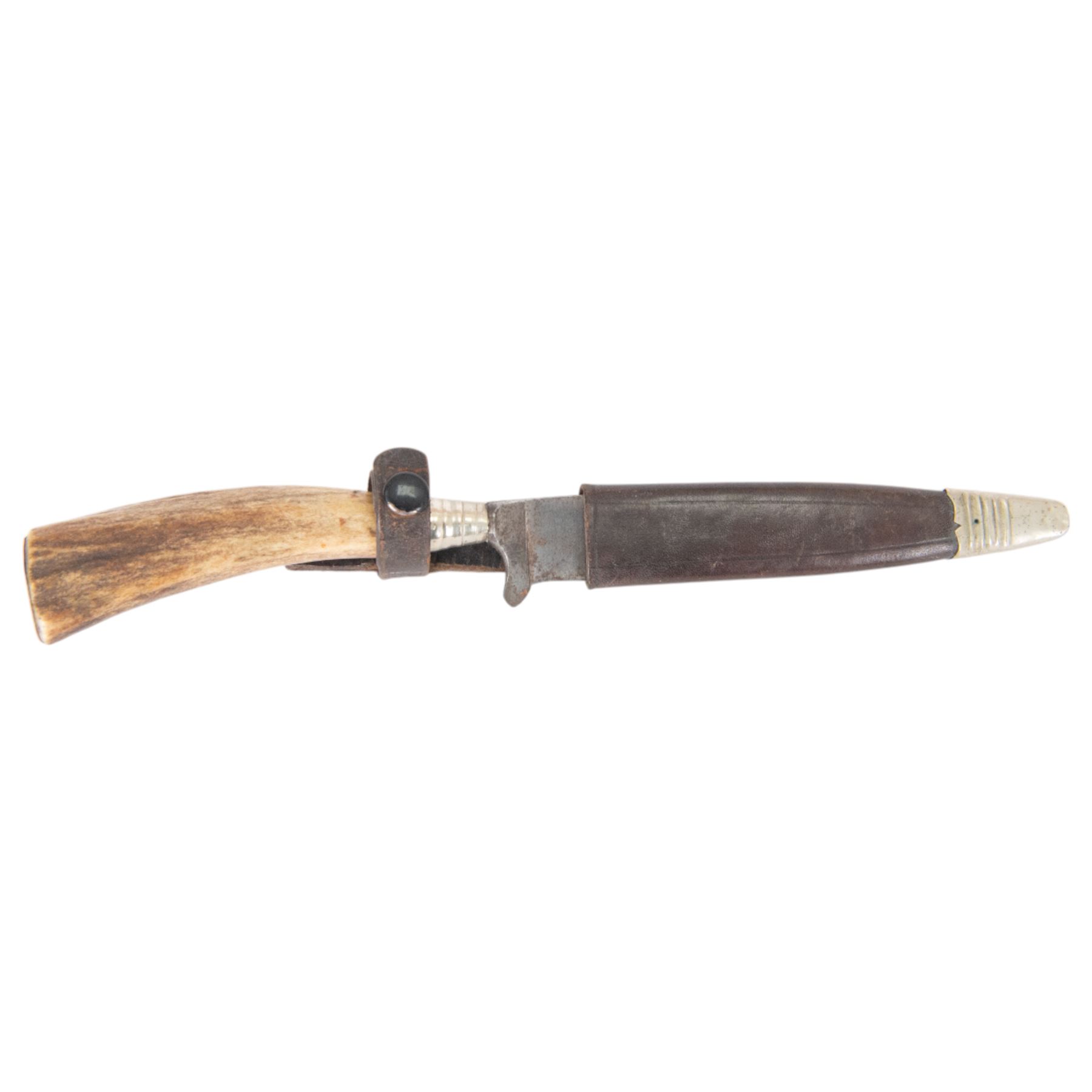 German hunting knife, the 12cm blade marked G. Grafrath Solingen, with antler handle, in leather scabbard, overall L25cm 