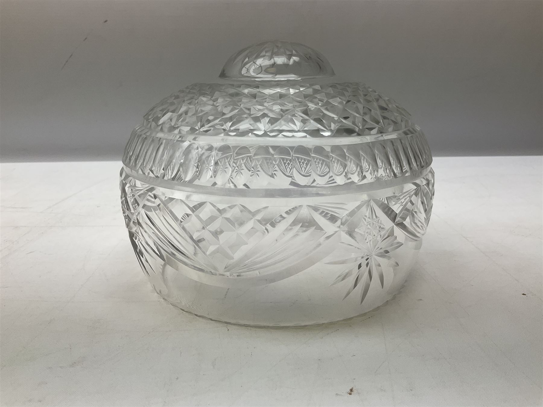 Waterford style cut crystal table lamp with mushroom shade and shaped central column upon a circular spreading foot, H39cm