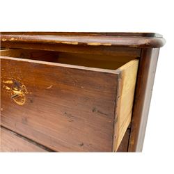 Chatsworth House - 19th century Victorian stained pine chest of drawers from Chatsworth House servant's quarters, moulded rectangular top over two short and three long drawers, plinth base. Provenance: Previously lot 1065 from the 