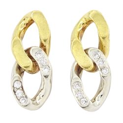 Pair of gold diamond earrings, each clip back with yellow gold curb link, suspending a dia...