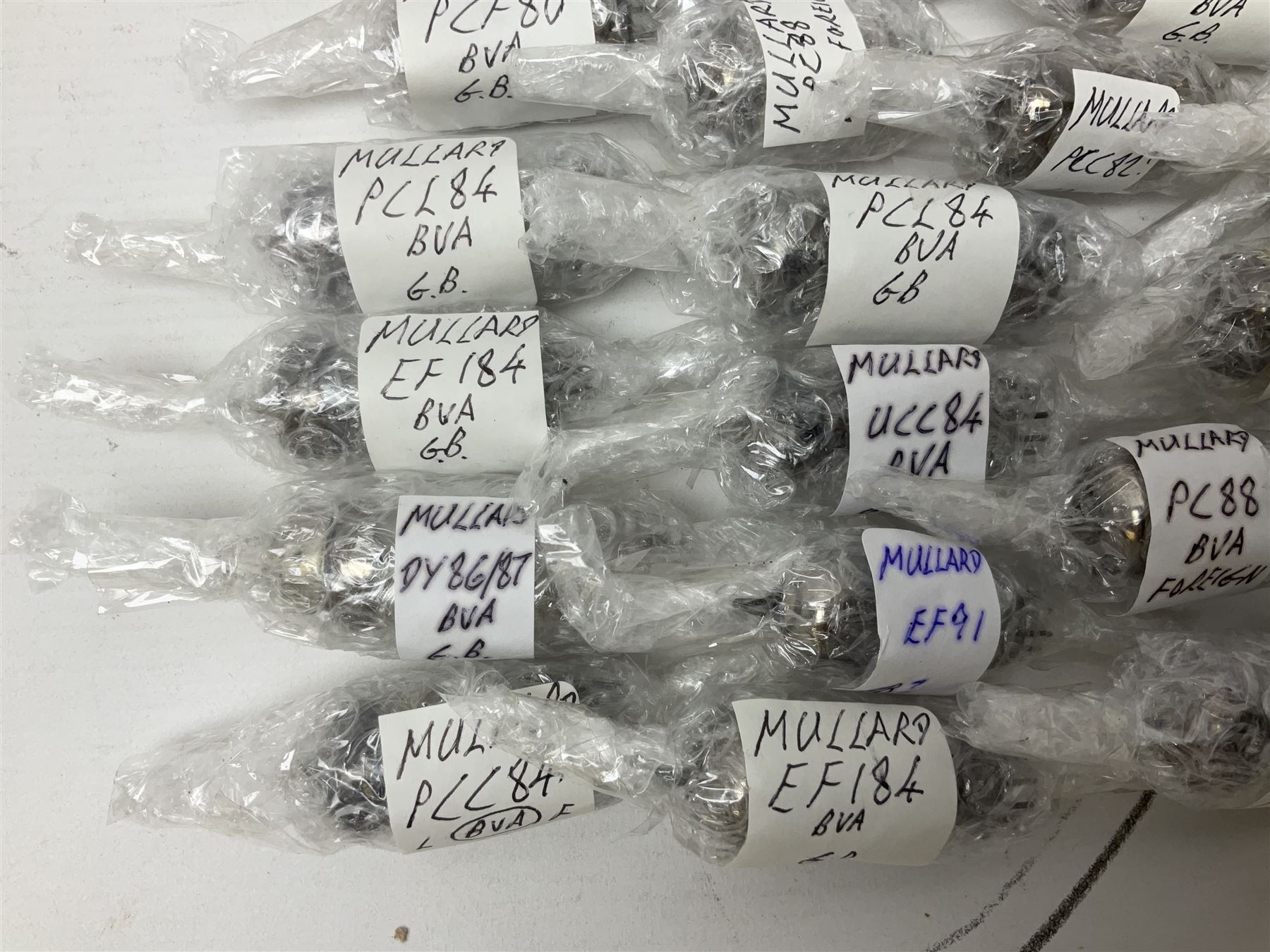Collection of Mullard thermionic radio valves/vacuum tubes, including IW3, ECH35, ECL80, 6F23, PY88 etc approximately 60 as per list, unboxed