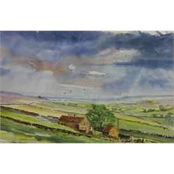  Wolds Landscape and Cottages in the Wolds, two 20th century watercolours signed by Steve Hartley 38cm x 58cm (2)  