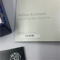 The Royal Mint United Kingdom 2019 'Wallace and Gromit' silver proof fifty pence coin, cased with certificate 