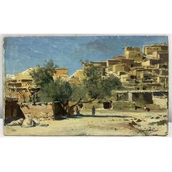 Eugène Alexis Girardet (French 1853-1907): Desert Town, oil on panel signed, indistinctly titled and dated 1877 verso 14cm x 23.5cm