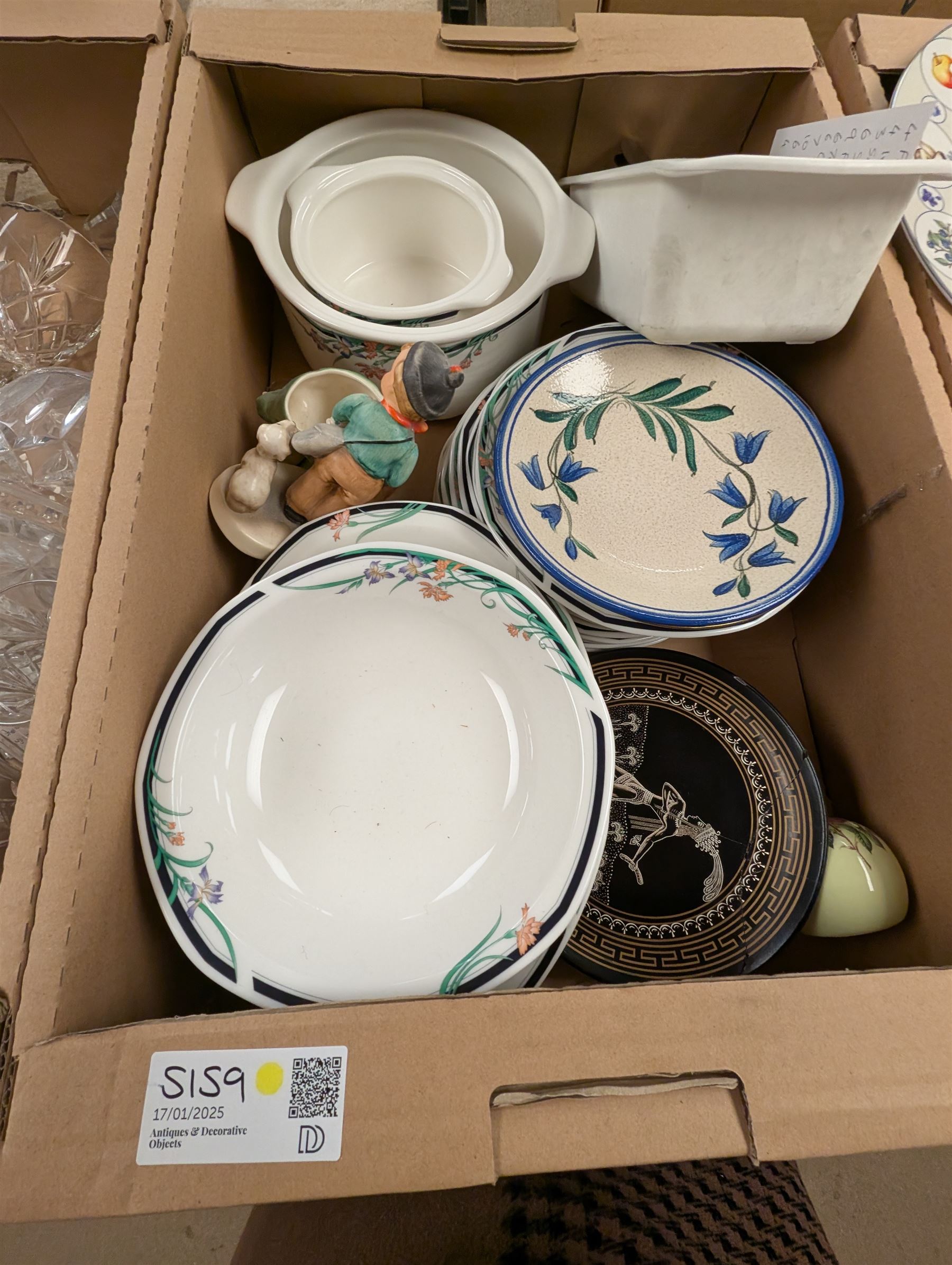 Old Tupton Ware vase, Royal Doulton Juno pattern dinner wares and other ceramics, in three boxes, etc