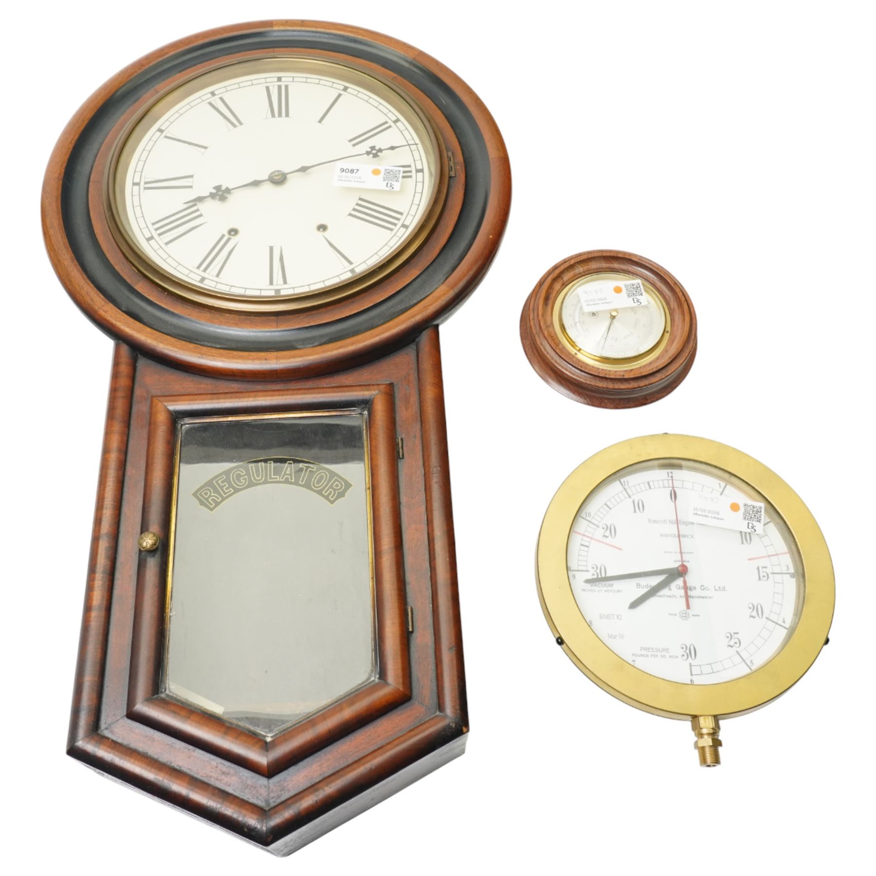 American-early 20th century drop dial wall clock with a 20th century quartz wall clock and small aneroid barometer.  