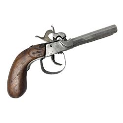 19th century Belgian double barrel side by side percussion pistol, approximately 40 calibre, with 8cm octagonal barrels, and wooden stock L22cm