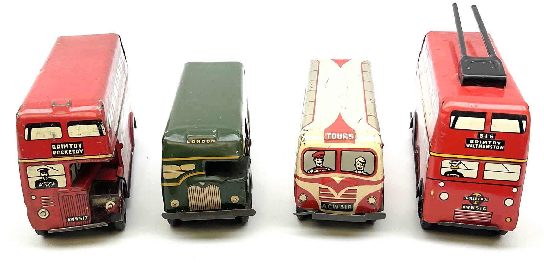 Wells Brimtoy/Pocketoy - eight tin-plate/clockwork or friction-drive vehicles comprising London Trolley Bus, two Double Decker buses, Tour Coach, Greenline Coach, open truck, boxed British railways van and Steam Roller; seven unboxed; and Pocketoy die-cast clockwork saloon car  (9)
