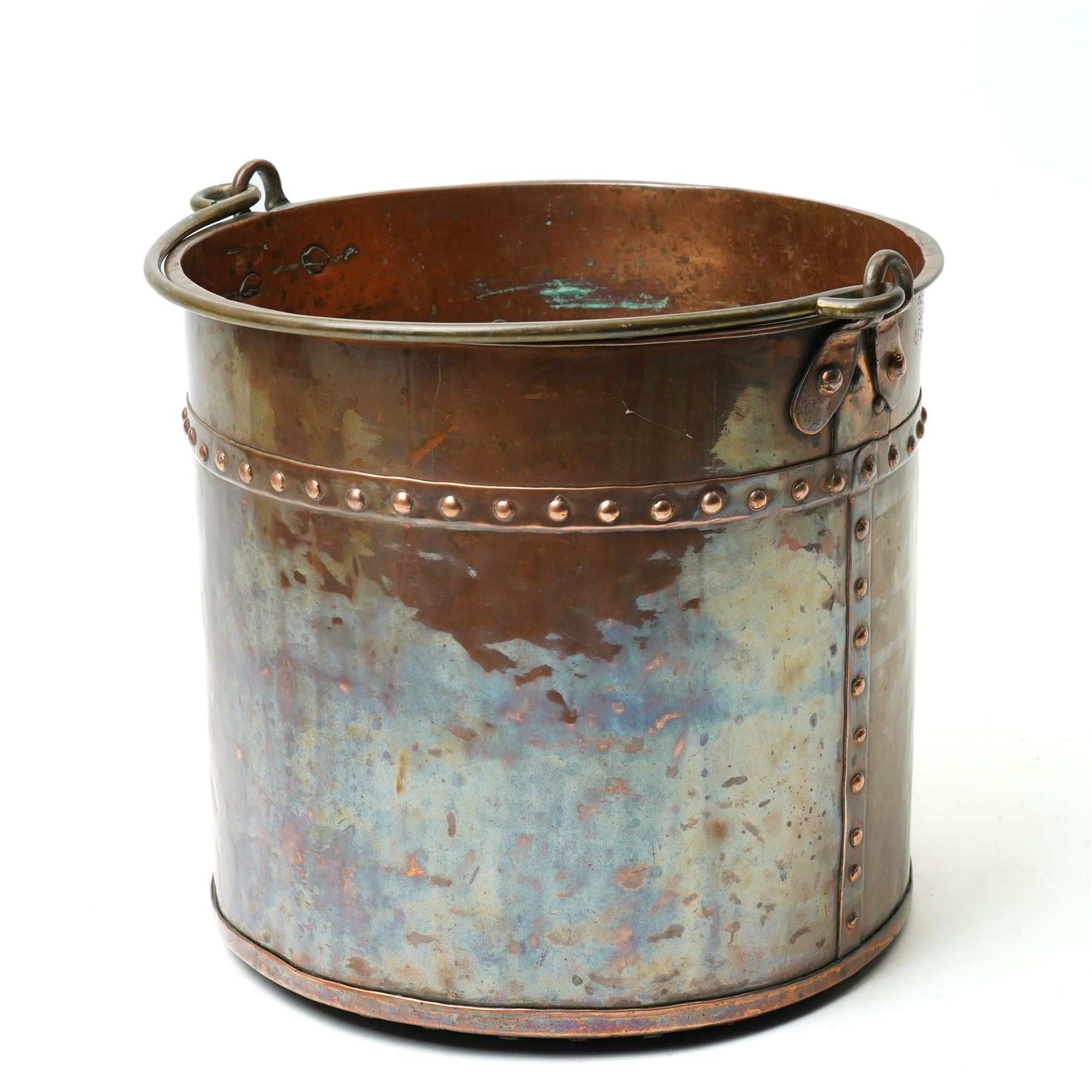 Riveted copper bucket with swing handle, marked with initials and 1864 H31cm x D34cm