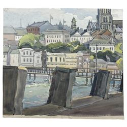 After Laurence Stephen Lowry RBA RA (Northern British 1887-1976): The Shipyard, watercolour bearing signature and dated 1959, with similar watercolour verso 28cm x 30cm (unframed)