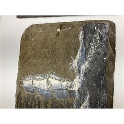 Michael J Whitehand (British 1941-): Three oil paintings of ships on slate signed, largest H40cm, L75cm