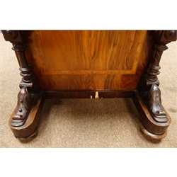  Victorian walnut inlaid davenport, pen compartment and inkwell above sloped hinged leather inset top enclosing two drawers, turned and carved columns, four drawers to one side, four false drawer to reverse, on sledge supports, W54cm, H83cm, D52cm  