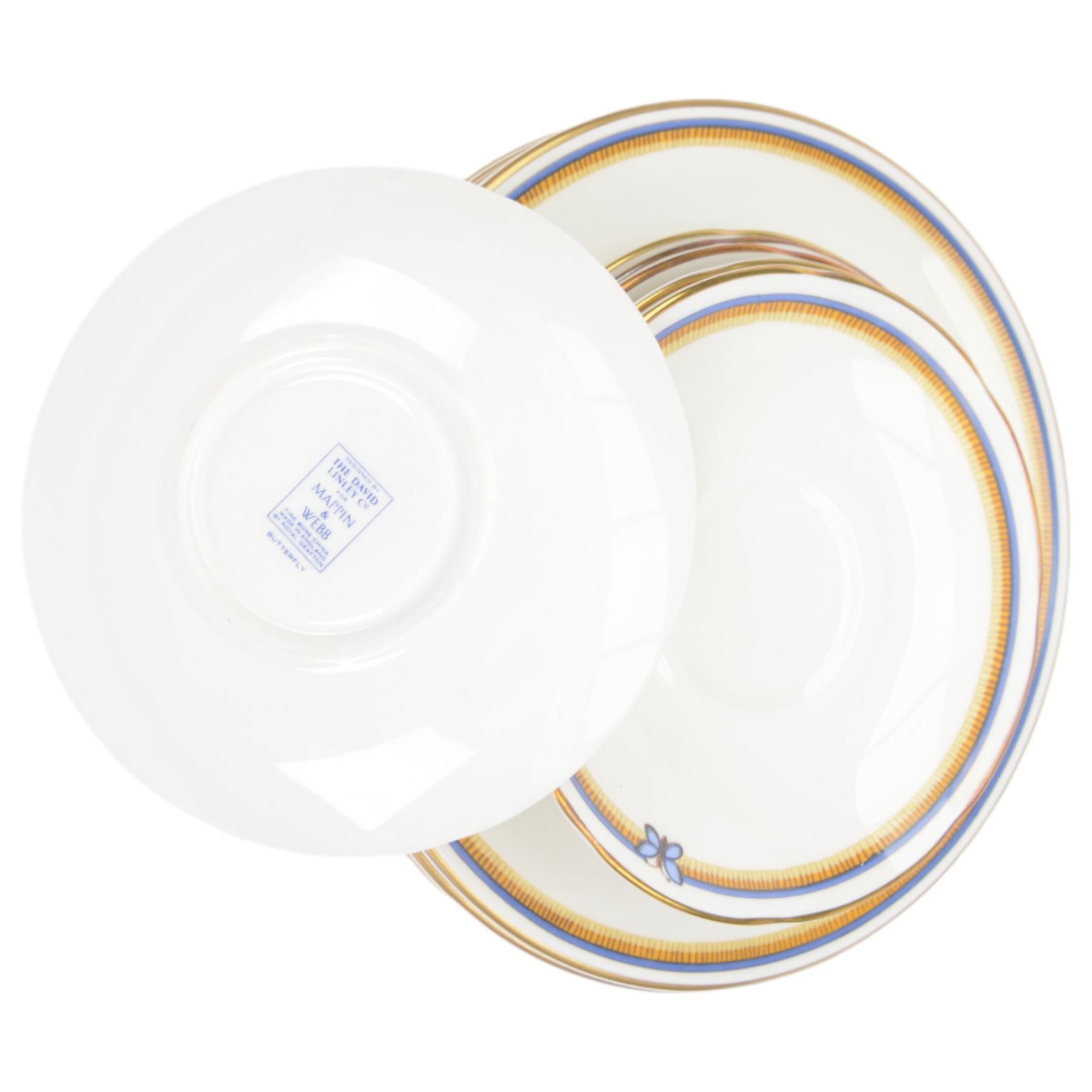 Royal Grafton Butterfly pattern tea and dinner wares for six, 
 comprising dinner plates, teacups and saucers, side plates and dessert plates, designed by The David Linley Co for Mappin & Webb