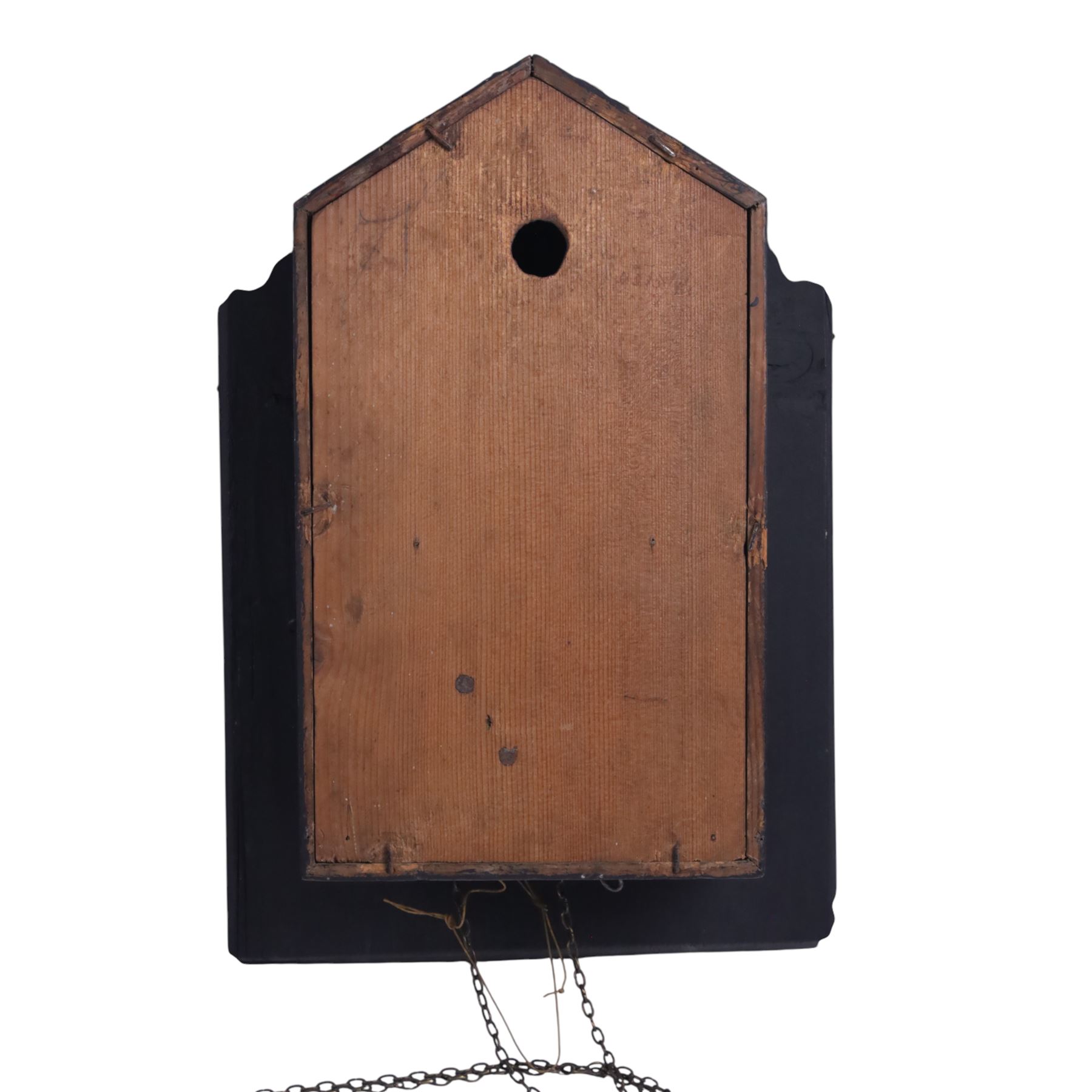 Mid-19th-century Black Forest 'Augenwender' moving eyes Cuckoo wall clock, stained wooden case with painted dial portrait of a man with a pipe and moving eyes, 30-hour brass plate movement striking on a coiled gong, and cuckoo strike together with weights and pendulum 

Literature: Schwarzwald-uhren, Berthold Schaaf (2008) p. 92-94
