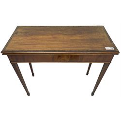 19th century mahogany card table, moulded rectangular fold-over top with baize lined interior, on square tapering supports with spade feet