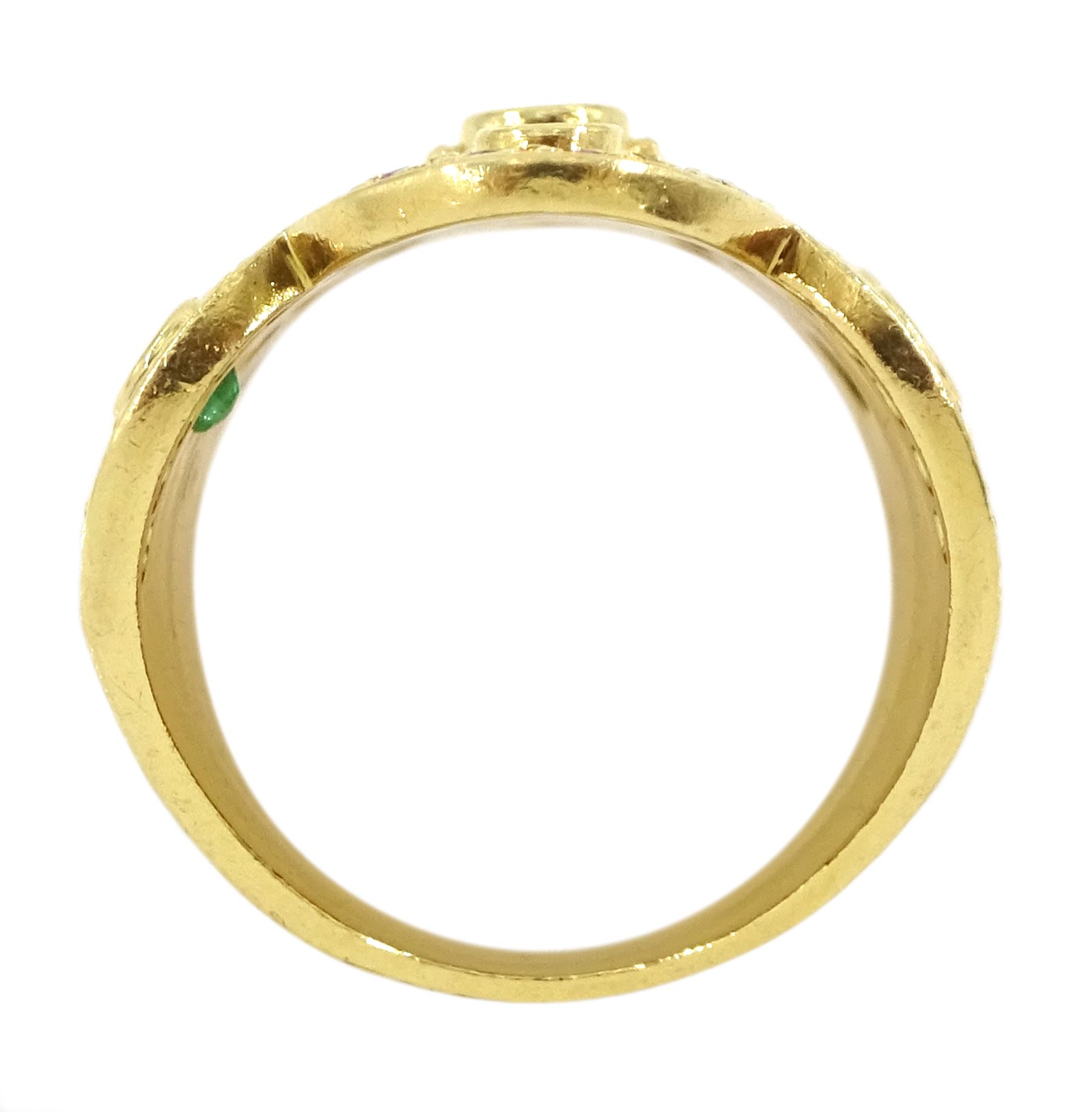 18ct gold emerald and ruby panel ring, stamped 750