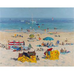 Douglas Hill (British 1953-): Porthminster Beach - Carbis Bay - St Ives, oil on canvas sig...