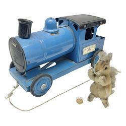 Tri-ang Express tin-plate pull along locomotive L33cm; and Steiff Possy plush covered squirrel with traces of label (2)