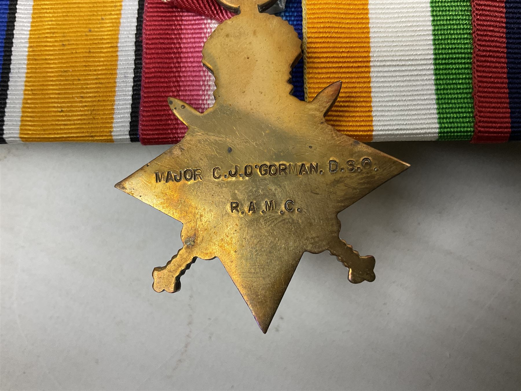 South Africa/WW1 Distinguished Service Order group of seven medals comprising D.S,O. with original ribbon bar and top bar slider, Queens South Africa Medal with three clasps for Defence of Kimberley, Orange Free State and Transvaal, Kings South Africa Medal with two clasps for South Africa 1901 & 1902 awarded to Capt. C.J. O'Gorman D.S.O. R.A.M.C., 1914-15 Star, British War Medal and Victory Medal with MID oak leaves awarded to Major (later Lt. Col.) C.J. O'Gorman D.S.O. R.A.M.C. and Kimberley Star 1899-1900; together with copies of research and biographical material